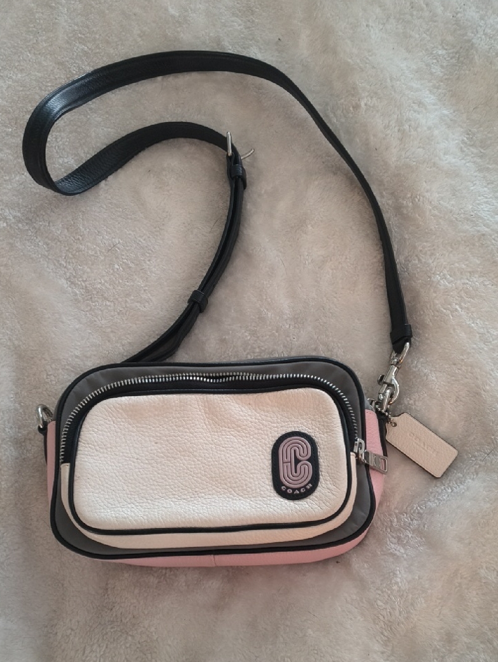 Coach Colorblock Pebbled Leather Crossbody in Pink, White & Black